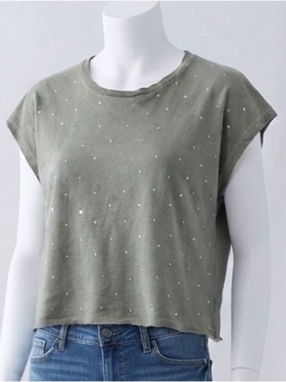 DKNY Olive Green Short Sleeve Tee with Studded Dot Detail size L
